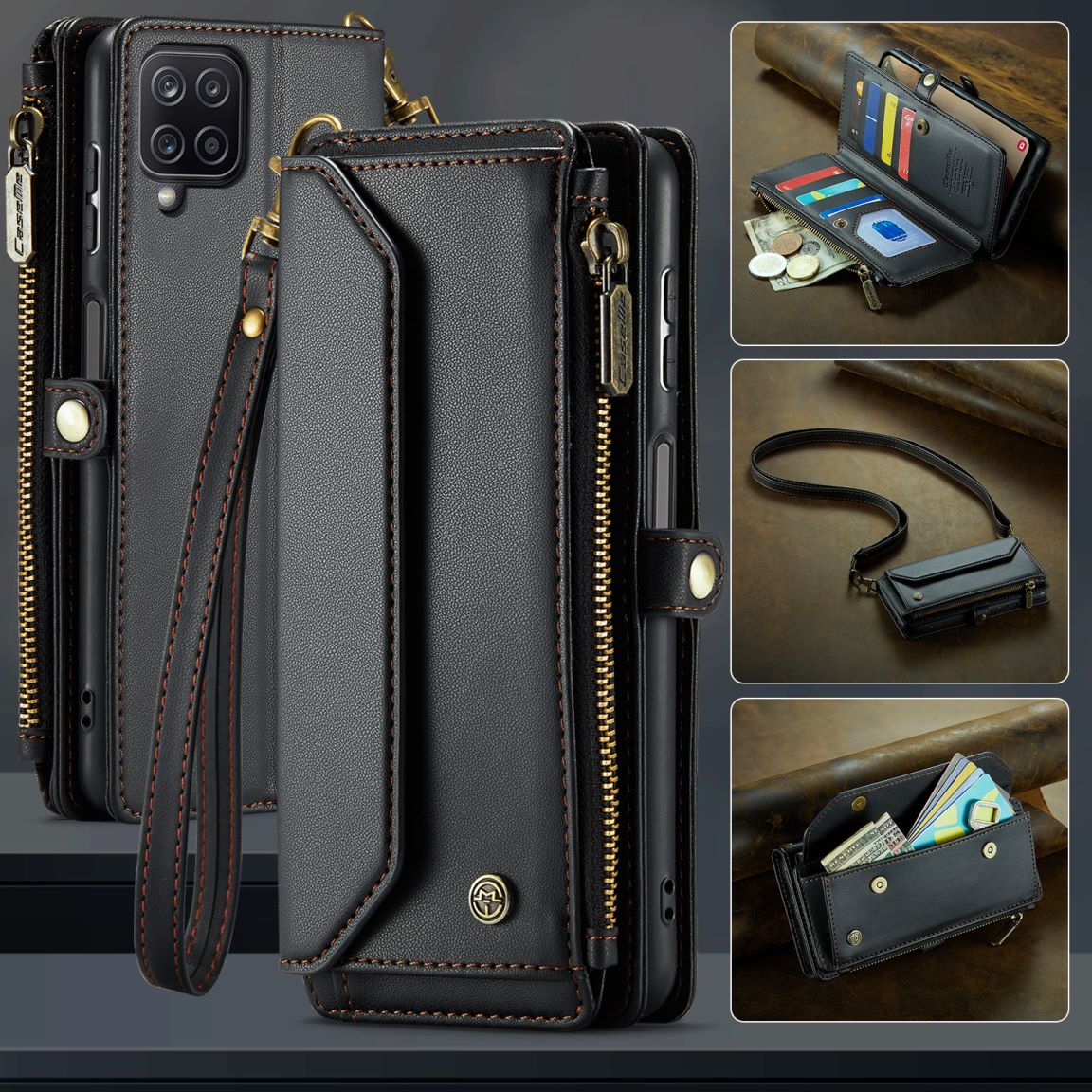 New RFID Blocking Zipper Wallet Supports Wireless Charging with Long and Short Lanyard Leather Phone Case