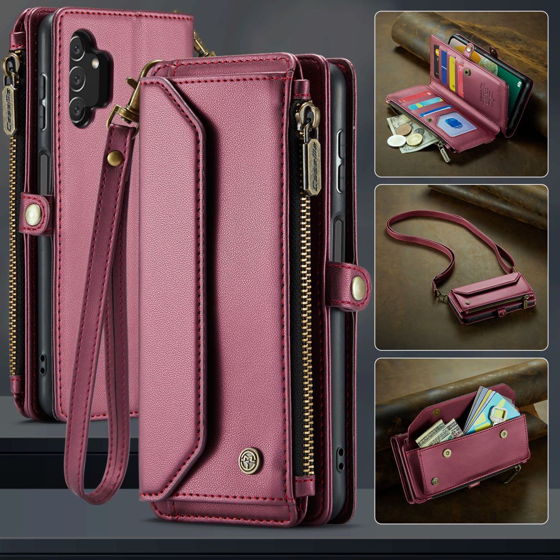 New RFID Blocking Zipper Wallet Supports Wireless Charging with Long and Short Lanyard Leather Phone Case