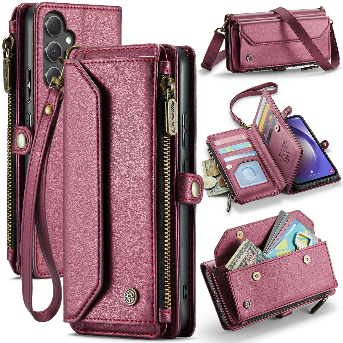 New RFID Blocking Zipper Wallet Supports Wireless Charging with Long and Short Lanyard Leather Phone Case