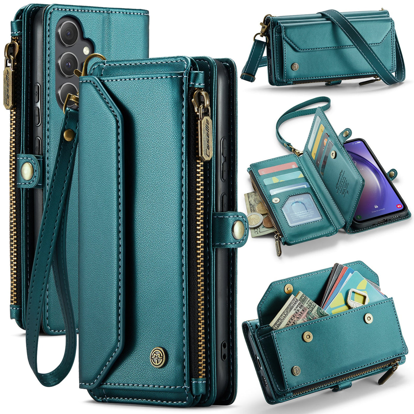 New RFID Blocking Zipper Wallet Supports Wireless Charging with Long and Short Lanyard Leather Phone Case