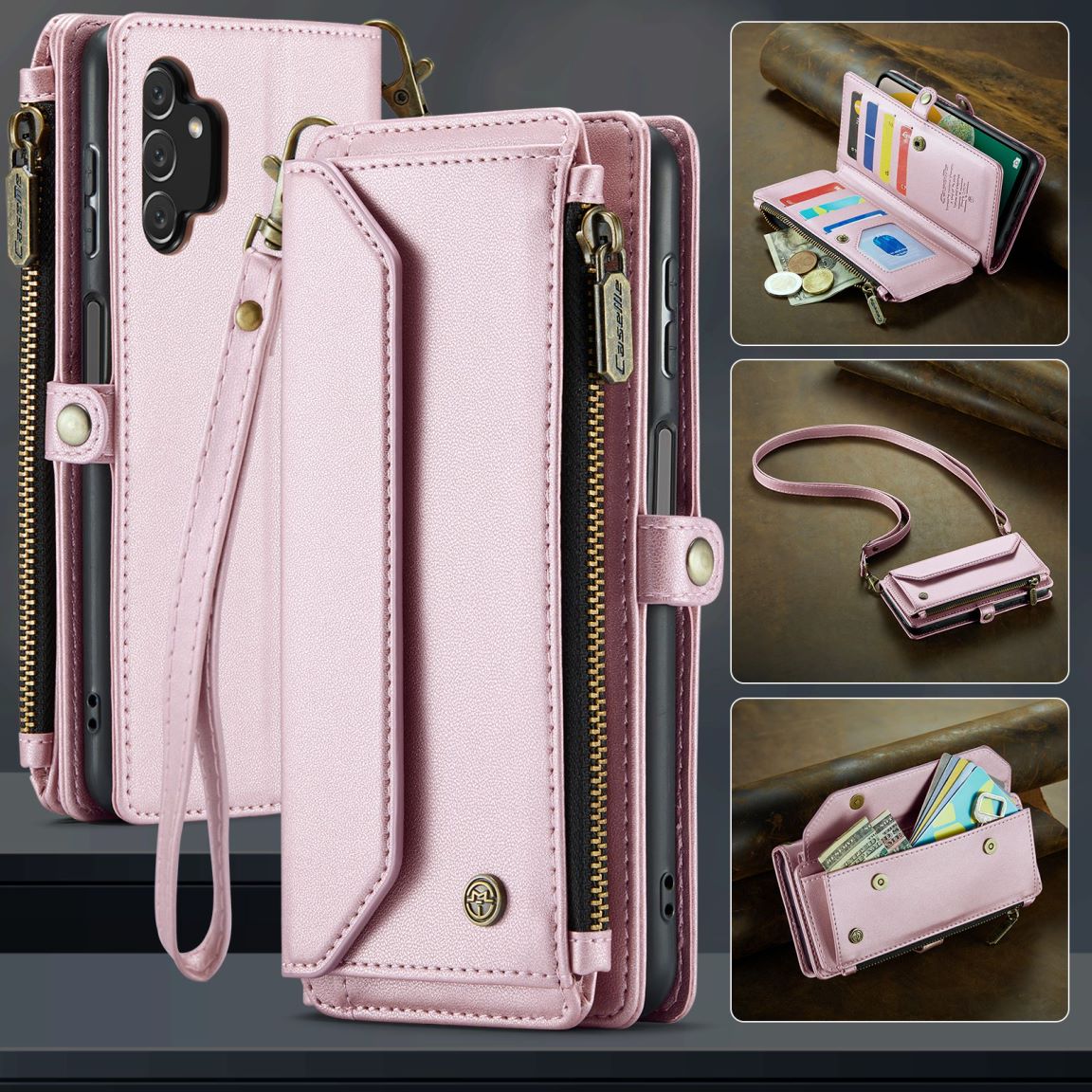New RFID Blocking Zipper Wallet Supports Wireless Charging with Long and Short Lanyard Leather Phone Case