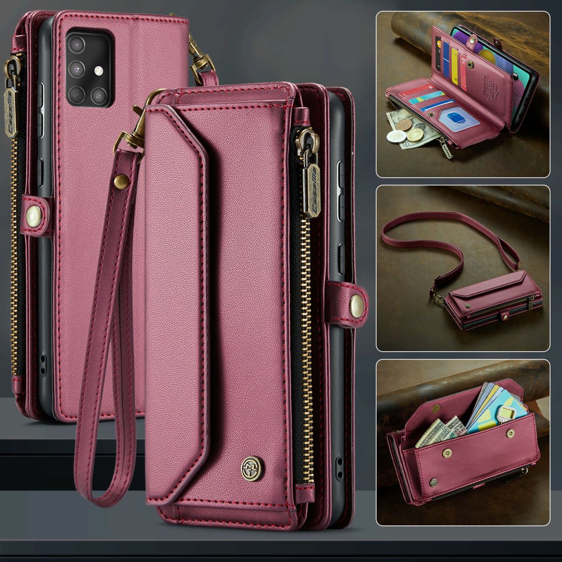 New RFID Blocking Zipper Wallet Supports Wireless Charging with Long and Short Lanyard Leather Phone Case