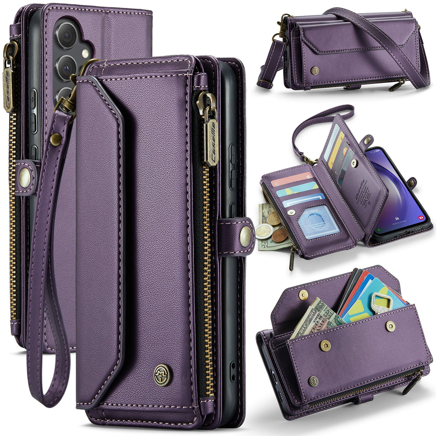 New RFID Blocking Zipper Wallet Supports Wireless Charging with Long and Short Lanyard Leather Phone Case