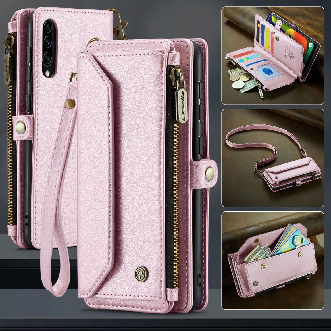 New RFID Blocking Zipper Wallet Supports Wireless Charging with Long and Short Lanyard Leather Phone Case