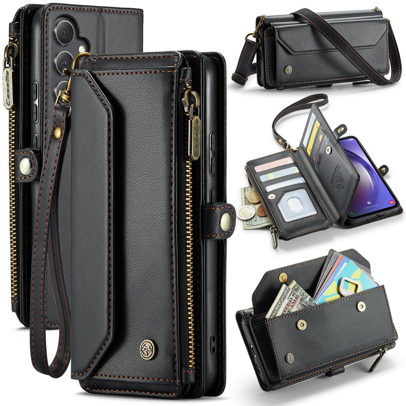 New RFID Blocking Zipper Wallet Supports Wireless Charging with Long and Short Lanyard Leather Phone Case