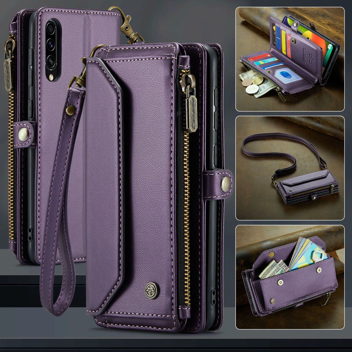 New RFID Blocking Zipper Wallet Supports Wireless Charging with Long and Short Lanyard Leather Phone Case