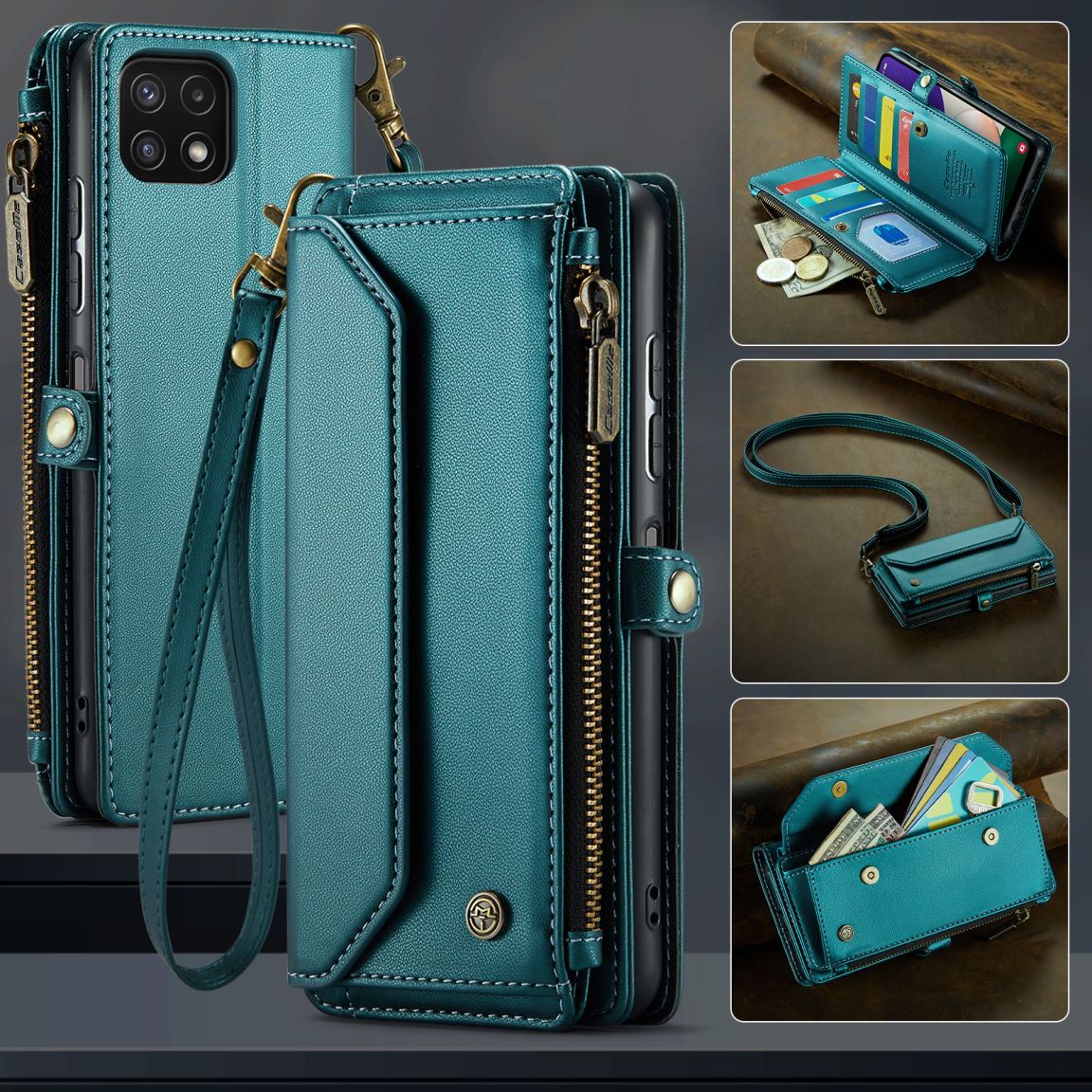 New RFID Blocking Zipper Wallet Supports Wireless Charging with Long and Short Lanyard Leather Phone Case