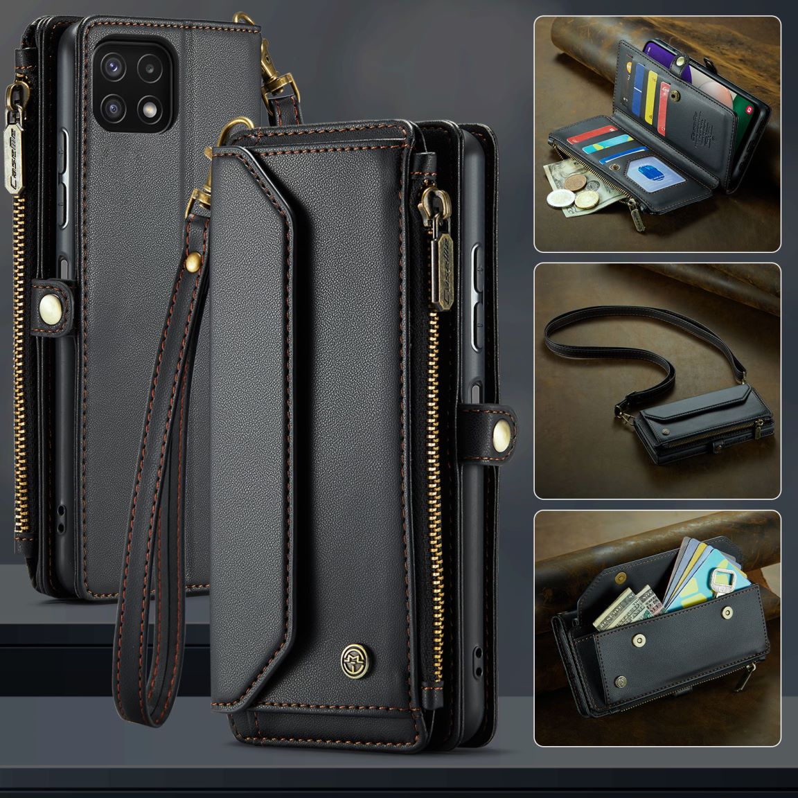 New RFID Blocking Zipper Wallet Supports Wireless Charging with Long and Short Lanyard Leather Phone Case