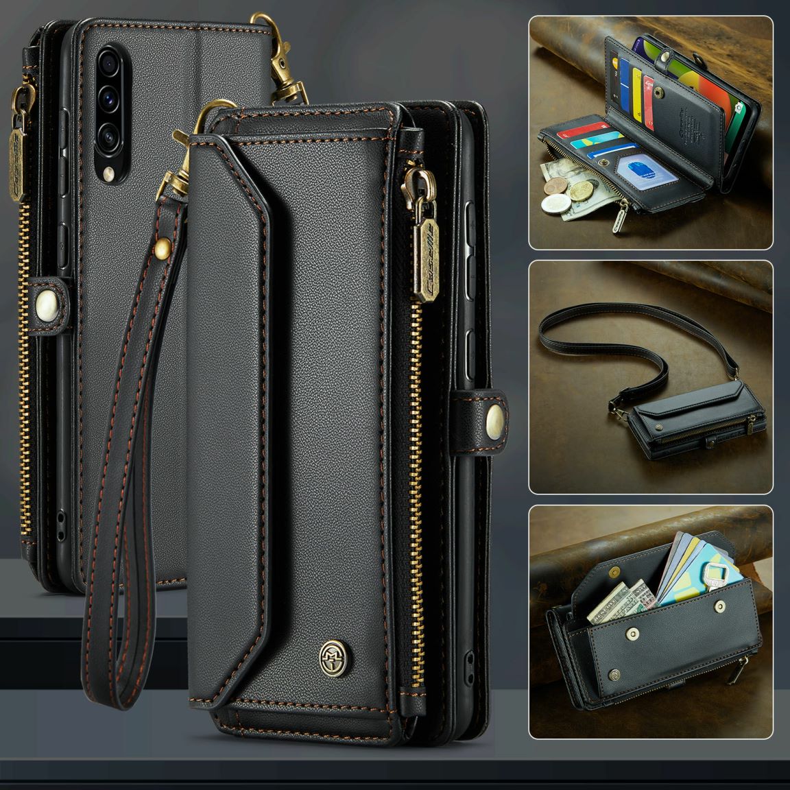 New RFID Blocking Zipper Wallet Supports Wireless Charging with Long and Short Lanyard Leather Phone Case