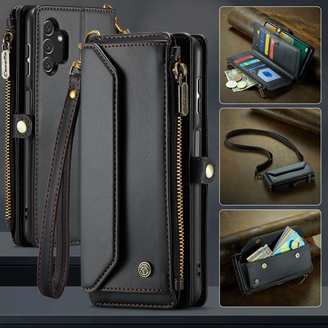 New RFID Blocking Zipper Wallet Supports Wireless Charging with Long and Short Lanyard Leather Phone Case