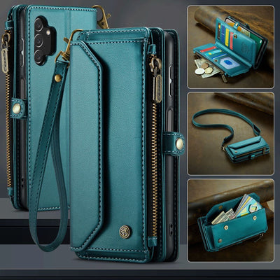 New RFID Blocking Zipper Wallet Supports Wireless Charging with Long and Short Lanyard Leather Phone Case