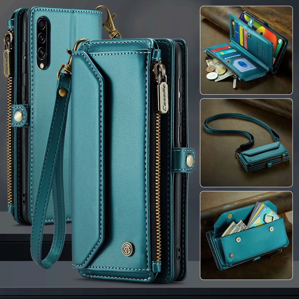 New RFID Blocking Zipper Wallet Supports Wireless Charging with Long and Short Lanyard Leather Phone Case