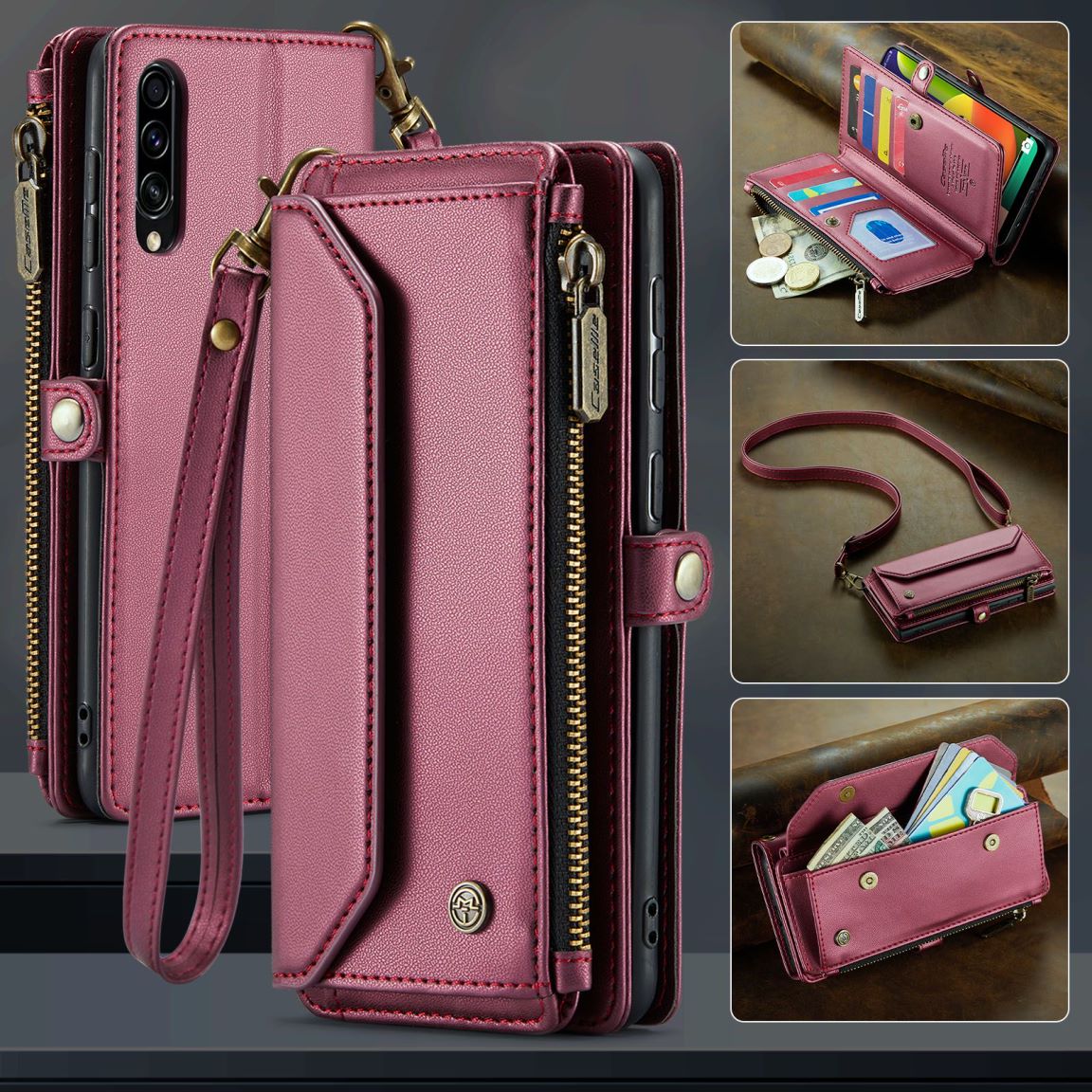 New RFID Blocking Zipper Wallet Supports Wireless Charging with Long and Short Lanyard Leather Phone Case