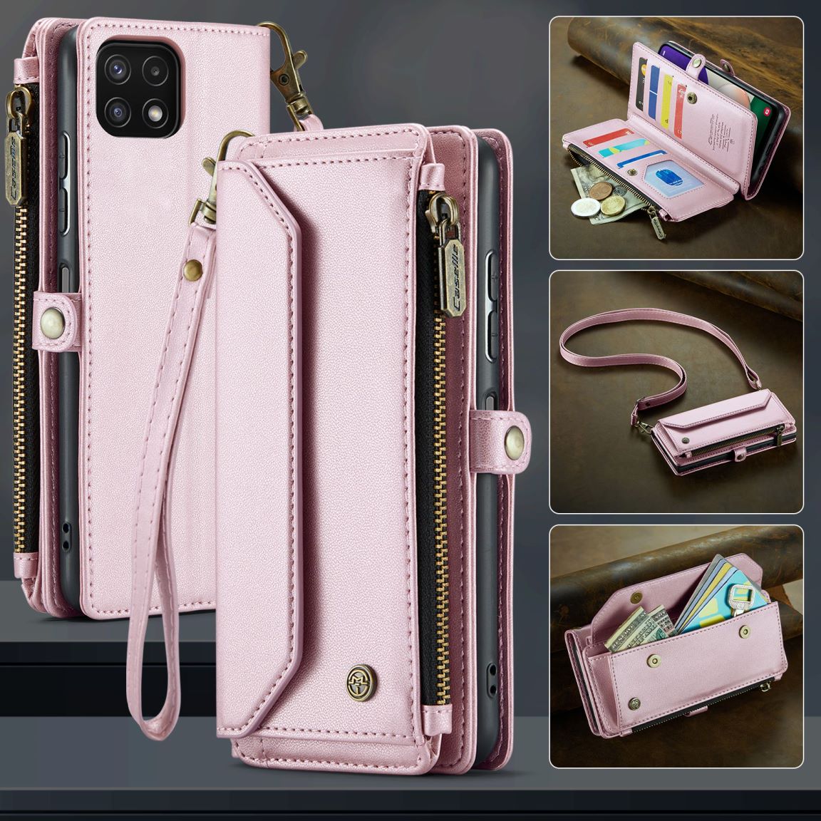New RFID Blocking Zipper Wallet Supports Wireless Charging with Long and Short Lanyard Leather Phone Case