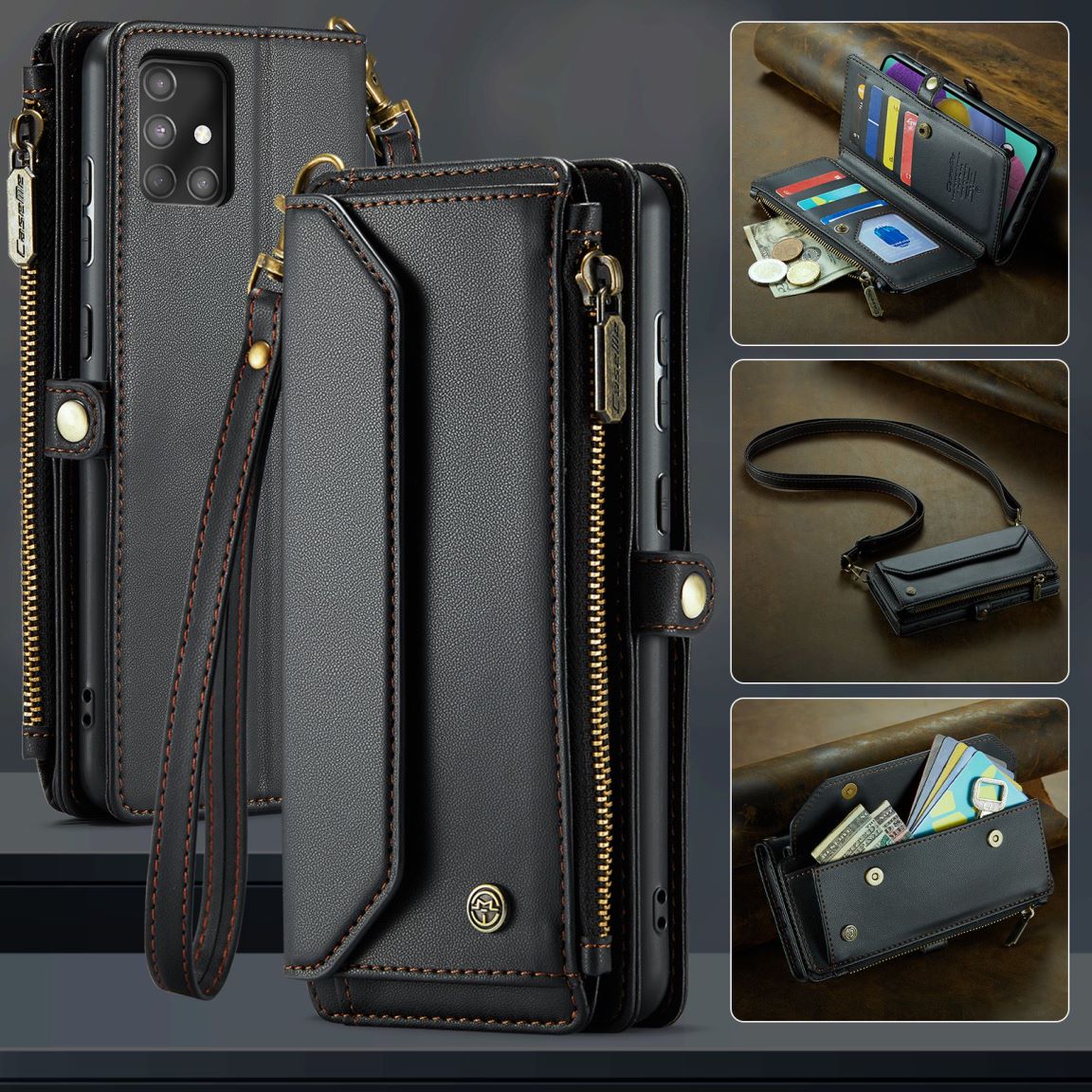 New RFID Blocking Zipper Wallet Supports Wireless Charging with Long and Short Lanyard Leather Phone Case