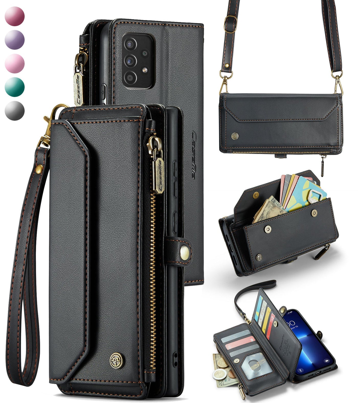 New RFID Blocking Zipper Wallet Supports Wireless Charging with Long and Short Lanyard Leather Phone Case