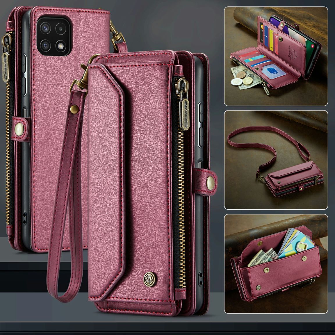 New RFID Blocking Zipper Wallet Supports Wireless Charging with Long and Short Lanyard Leather Phone Case