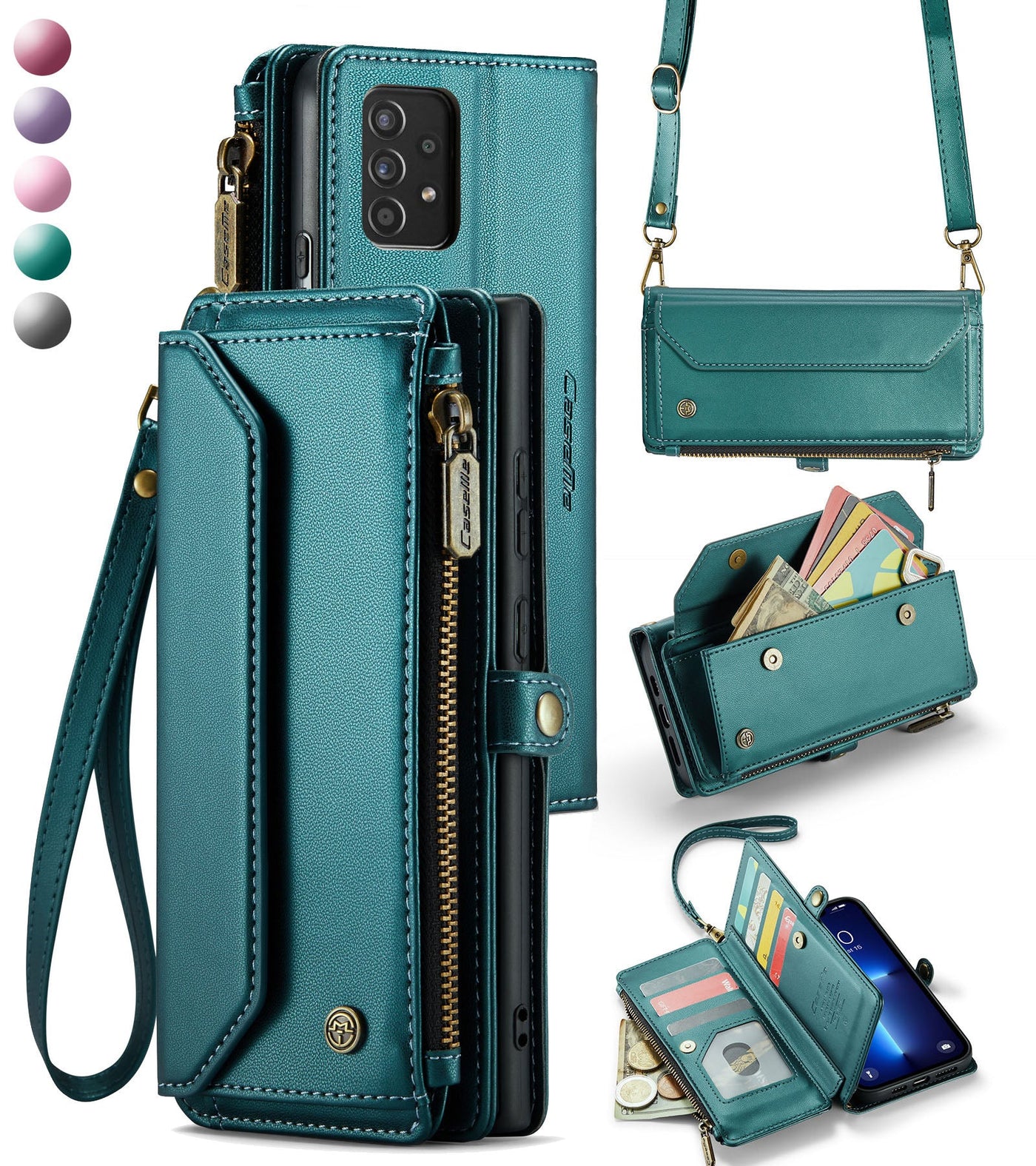 New RFID Blocking Zipper Wallet Supports Wireless Charging with Long and Short Lanyard Leather Phone Case