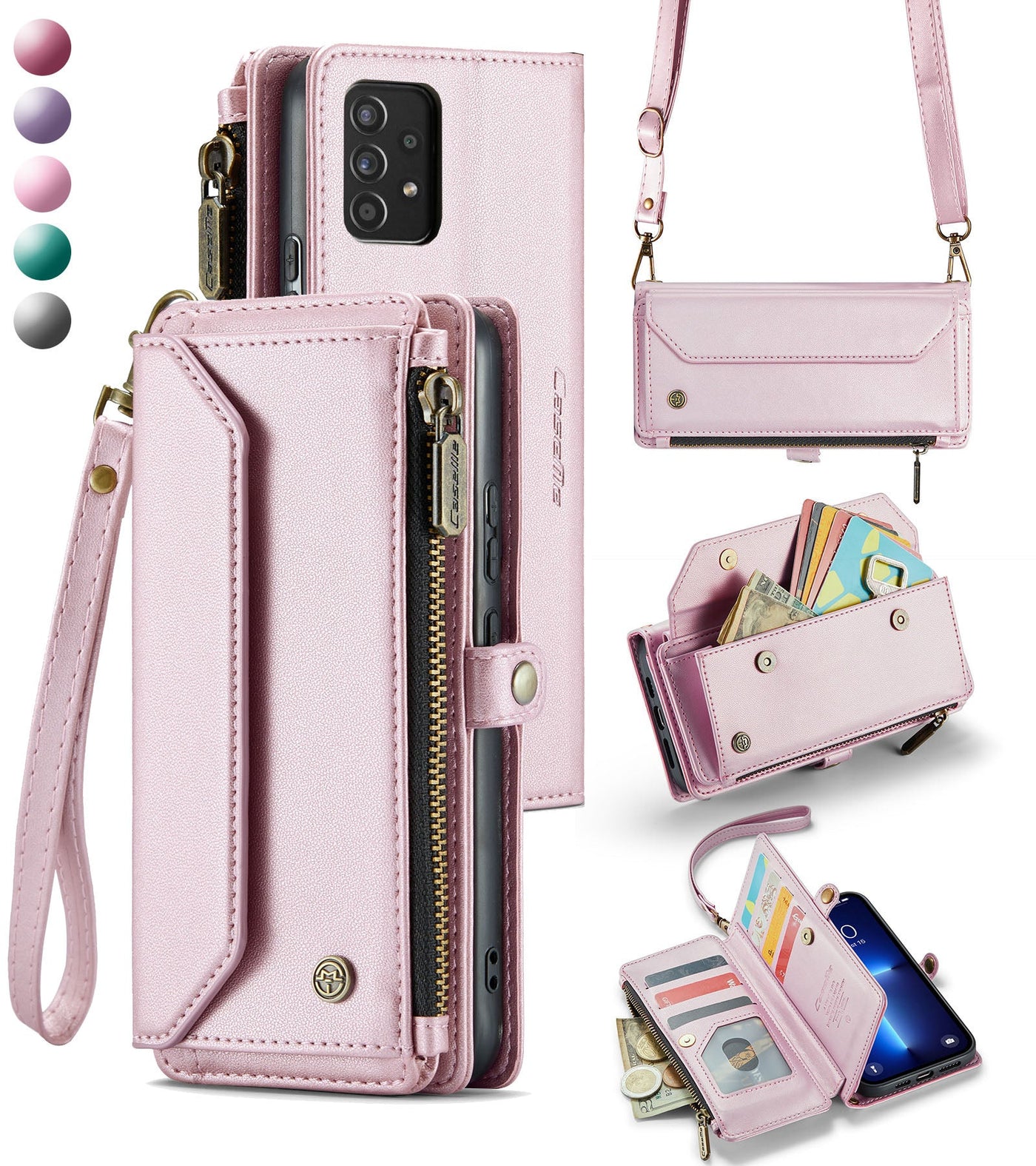 New RFID Blocking Zipper Wallet Supports Wireless Charging with Long and Short Lanyard Leather Phone Case